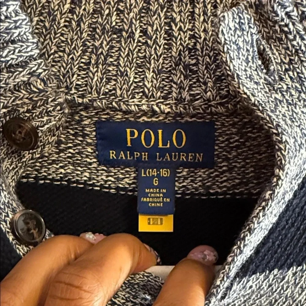 Polo by Ralph Lauren Navy and Heather Gray Striped V-Neck Sweater